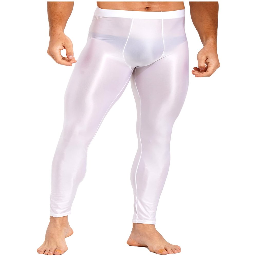 YONGHS Mens Glossy Long Johns Slim Leggings Tights Base Layer Bottom Skinny Pants Thermal Underwear White Large