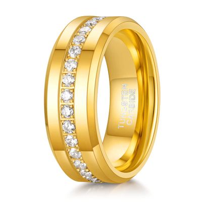 TRUMIUM 8mm Wedding Rings for Men Tungsten Carbide 24K Gold Plated Men's Rings with White Cubic Zirconia Eternity Wedding Band Beveled Edges Comfor Fit Size 9.5