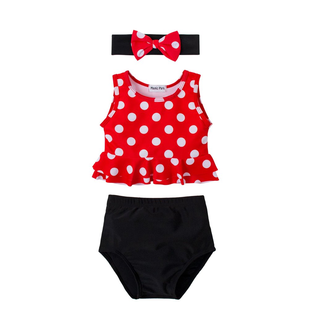 Magic Park 0M-3T Infant Girl Bikini Set Baby Vest Bathing Suit Toddler Girls 3 Piece Swimwear Beach Outfits with Headband (6-12 Months, Red Dot Black)