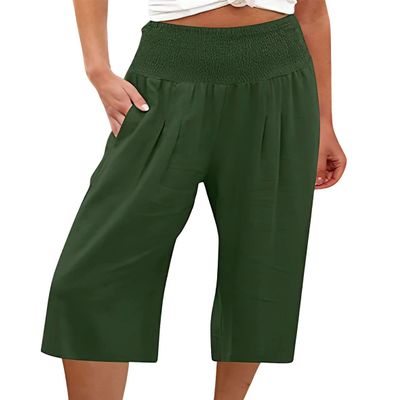 ebossy Women's Smocked High Waist Cotton Linen Wide Leg Capri Pants with Pockets (M, Green)