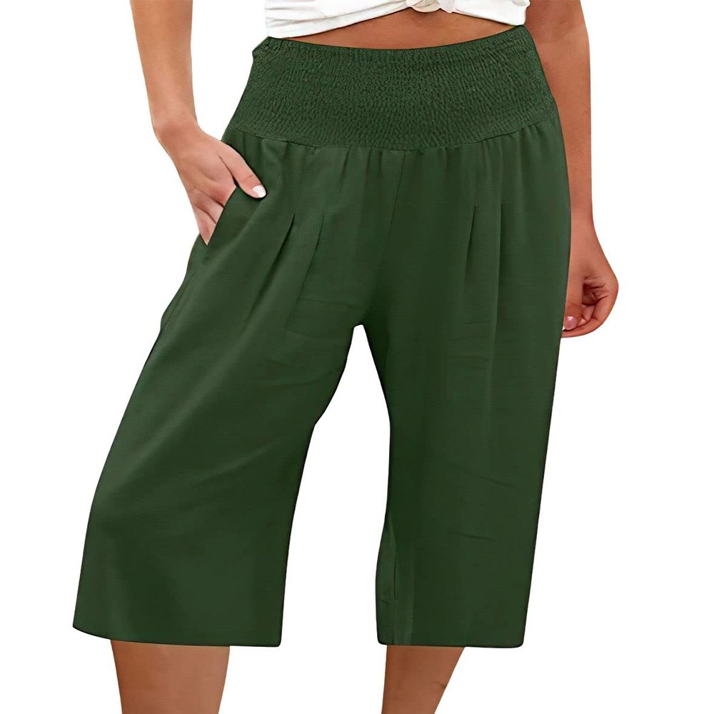 ebossy Women's Smocked High Waist Cotton Linen Wide Leg Capri Pants with Pockets (M, Green)