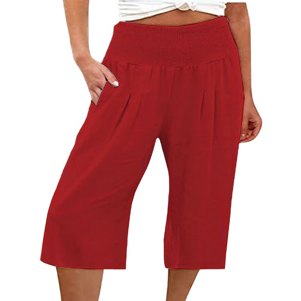 ebossy Women's Smocked High Waist Cotton Linen Wide Leg Capri Pants with Pockets (XL, Watermelon-red)