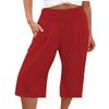 ebossy Women's Smocked High Waist Cotton Linen Wide Leg Capri Pants with Pockets (XL, Watermelon-red) view 1
