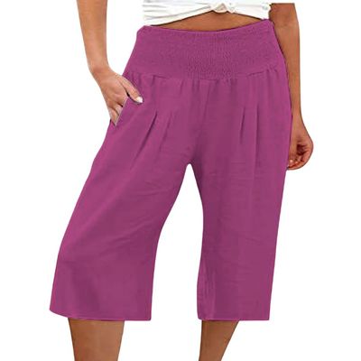 ebossy Women's Smocked High Waist Cotton Linen Wide Leg Capri Pants with Pockets (XL, Pink)