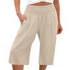 ebossy Women's Smocked High Waist Cotton Linen Wide Leg Capri Pants with Pockets (2XL, Apricot) view 1
