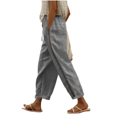 Akivide Womens Loose Linen Pants Summer High Elastic Waist Drawstring Comfy Beach Linen Capri Pant with Pockets