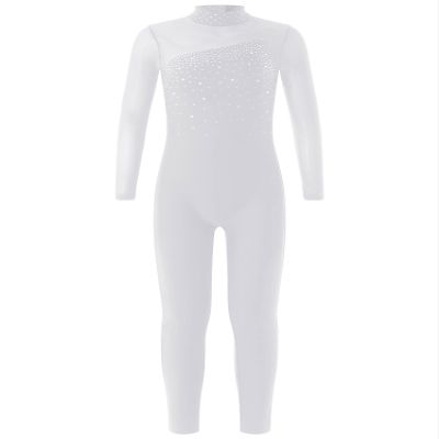 YiZYiF Kids Girls Rhinestone Full Body Long Sleeve Gymnastics Leotard Figure Ice Skating Competition Unitard Jumpsuit White 12 Years