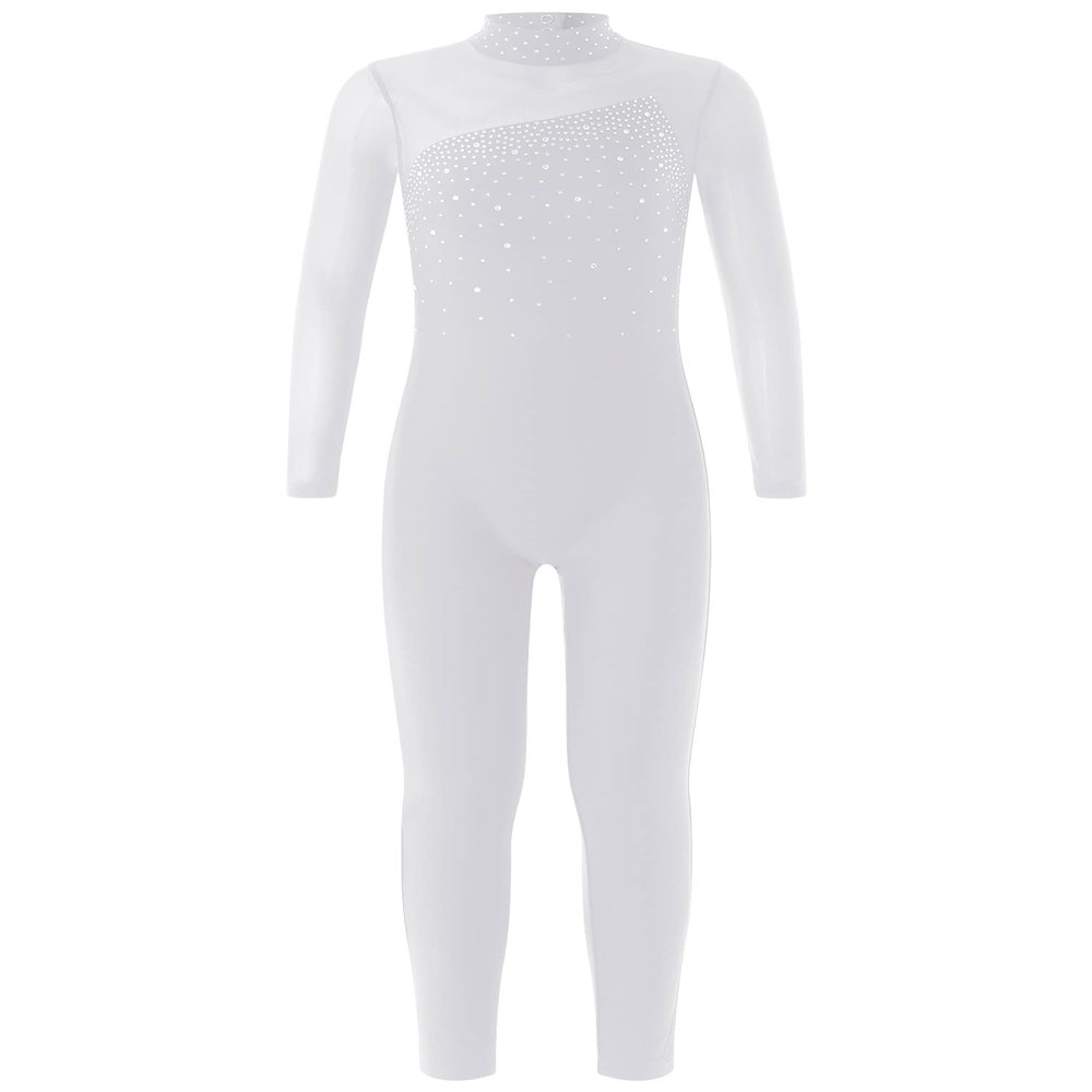 YiZYiF Kids Girls Rhinestone Full Body Long Sleeve Gymnastics Leotard Figure Ice Skating Competition Unitard Jumpsuit White 12 Years