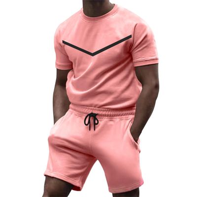 GOKKILRW Mens Sweat Short Sets 2 Piece Summer Outfits Fashion Short Sleeve Workout T-Shirts and Sport Shorts Casual Tracksuit(Pink,Large)