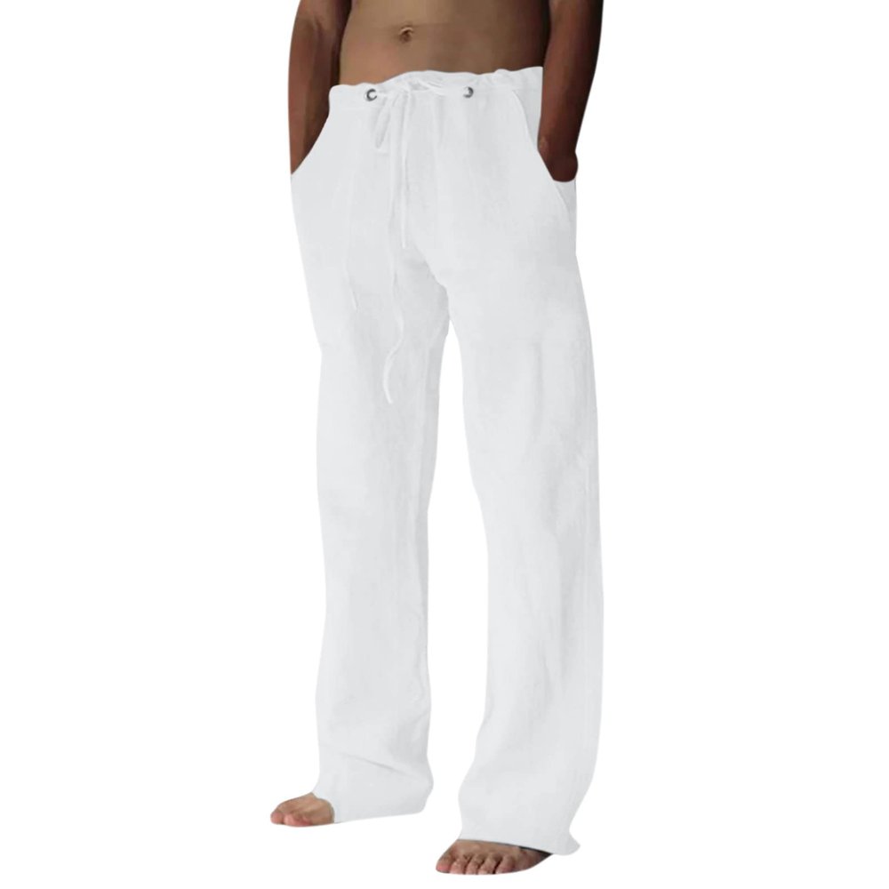 GOKKILRW Mens Casual Linen Pants Loose Fit Straight-Leg Elastic Drawstring Waist Summer Beach Yoga Long Trousers with Pockets(White,X-Large)