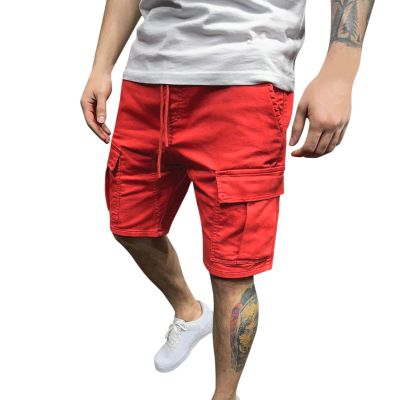 GOKKILRW Casual Shorts for Men Loose Drawstring Elastic Waist Multi-Pocket Stretchy Workout Cargo Shorts Summer Beach Shorts(Red,Large)