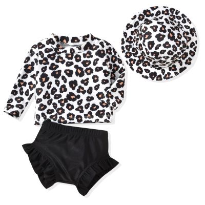 3 Month Infant Baby Girl Long Sleeve 2 Piece Leopard Swimsuit Cheetah Bathing Suit Swimwear Beach Wear with Hat 3-6 Months