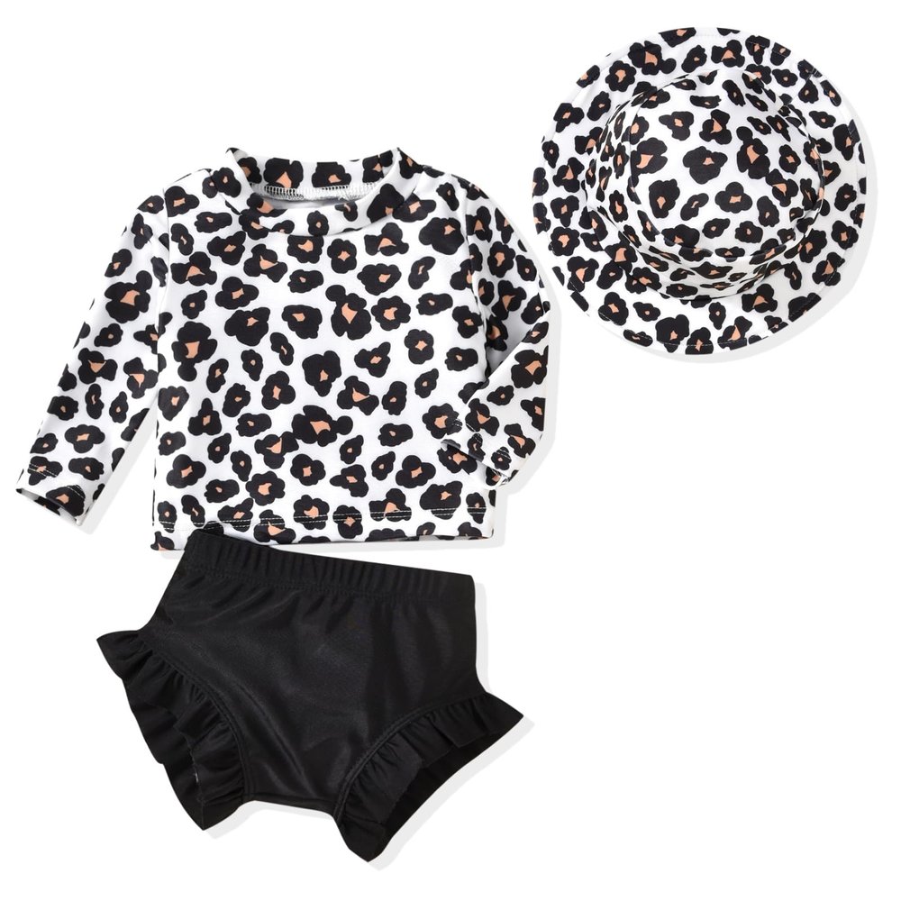 3 Month Infant Baby Girl Long Sleeve 2 Piece Leopard Swimsuit Cheetah Bathing Suit Swimwear Beach Wear with Hat 3-6 Months