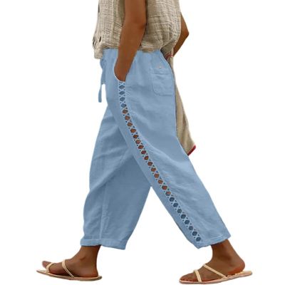 Akivide Womens Loose Linen Pants Summer High Elastic Waist Drawstring Comfy Beach Linen Capri Pant with Pockets