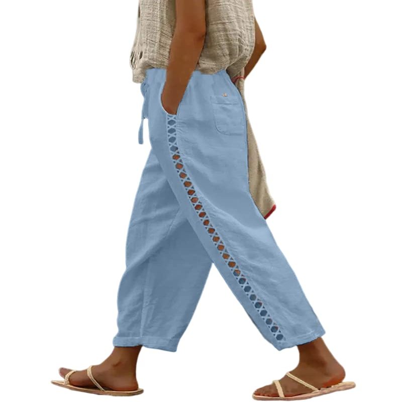 Akivide Womens Loose Linen Pants Summer High Elastic Waist Drawstring Comfy Beach Linen Capri Pant with Pockets