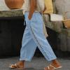 Akivide Womens Loose Linen Pants Summer High Elastic Waist Drawstring Comfy Beach Linen Capri Pant with Pockets view 2