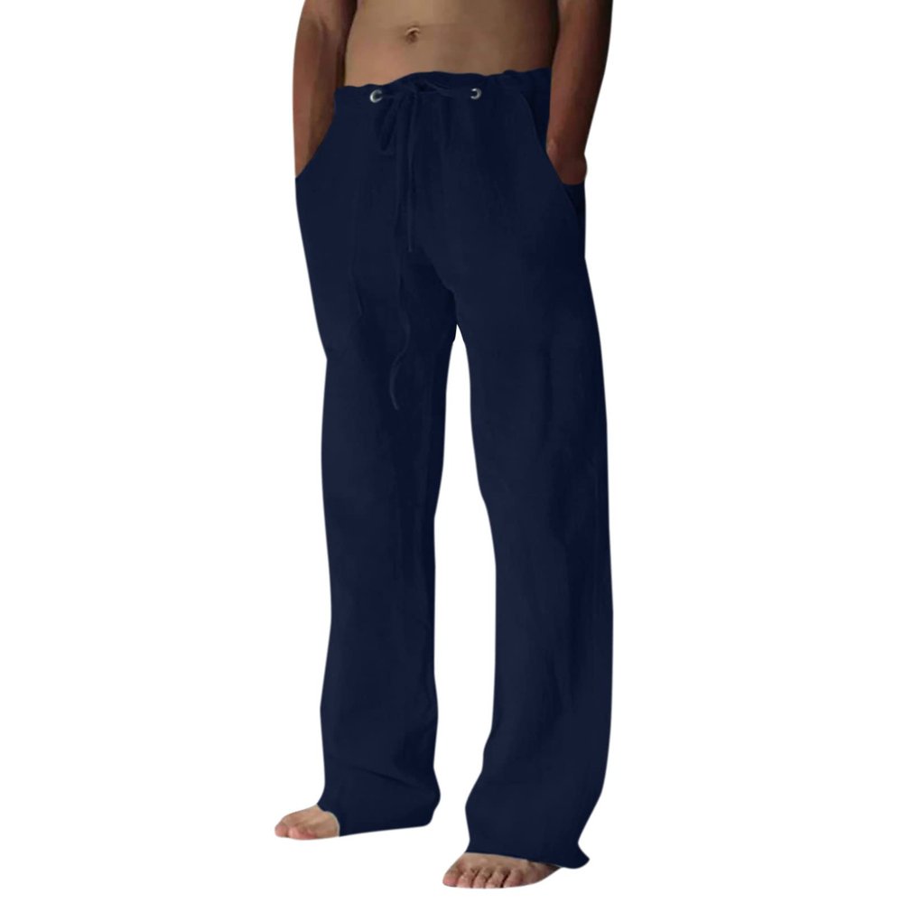 GOKKILRW Mens Casual Linen Pants Loose Fit Straight-Leg Elastic Drawstring Waist Summer Beach Yoga Long Trousers with Pockets(Navy,XX-Large)