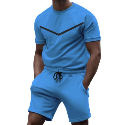 GOKKILRW Mens Sweat Short Sets 2 Piece Summer Outfits Fashion Short Sleeve Workout T-Shirts and Sport Shorts Casual Tracksuit(Sky Blue,X-Large)