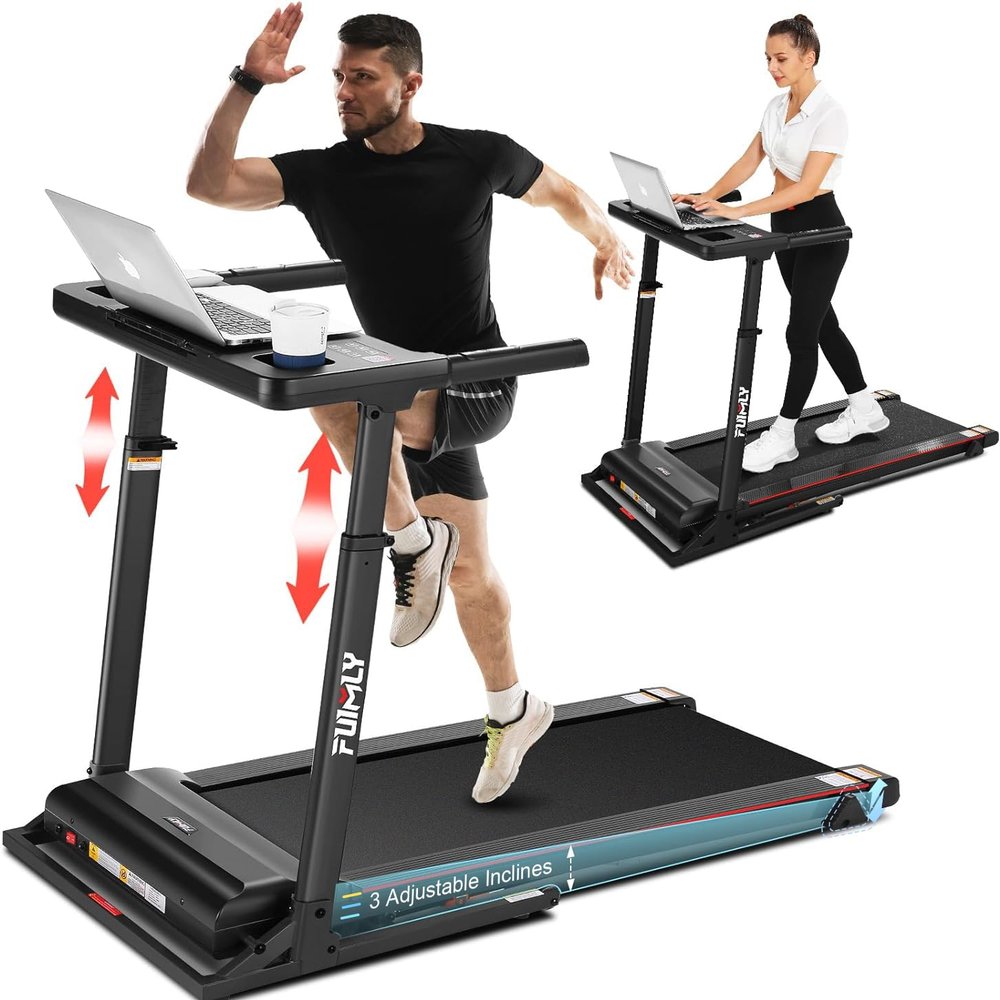 Treadmill with Desk Workstation & Adjustable Height, 300 lb Capacity, FUNMILY Walking Pad Treadmills with Desk & Incline & APP, Folding Work Tread Mill with Desktop for Home Office