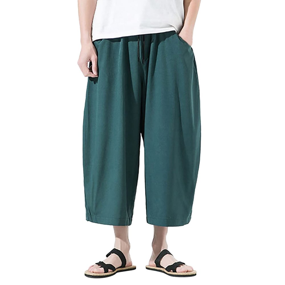 GOKKILRW Mens Harem Capri Pants Summer Lightweight Loose 3/4 Shorts Drawstring Elastic Waist Casual Beach Yoga Trousers(Green,4X-Large)