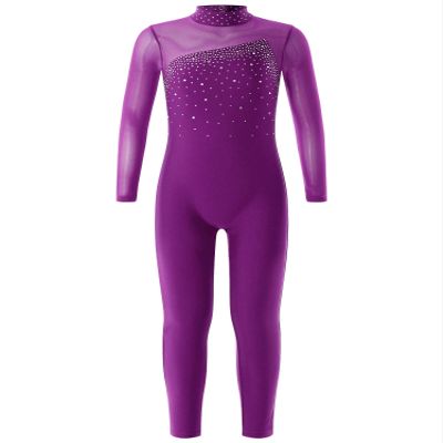YiZYiF Kids Girls Rhinestone Full Body Long Sleeve Gymnastics Leotard Figure Ice Skating Competition Unitard Jumpsuit Purple 6 Years