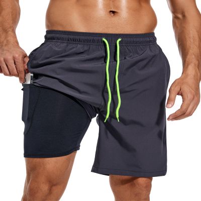 difficort Mens Swim Trunks Quick Dry Bathing Suit 9 inch Inseam Board Shorts with Compression Liner and Zipper Pocket,Dark Grey,Medium
