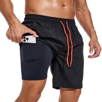 difficort Mens Swim Trunks Quick Dry Bathing Suit 9 inch Inseam Board Shorts with Compression Liner and Zipper Pocket,Black,2X-Large
