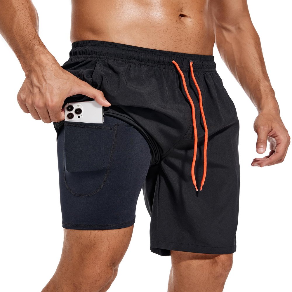 difficort Mens Swim Trunks Quick Dry Bathing Suit 9 inch Inseam Board Shorts with Compression Liner and Zipper Pocket,Black,2X-Large