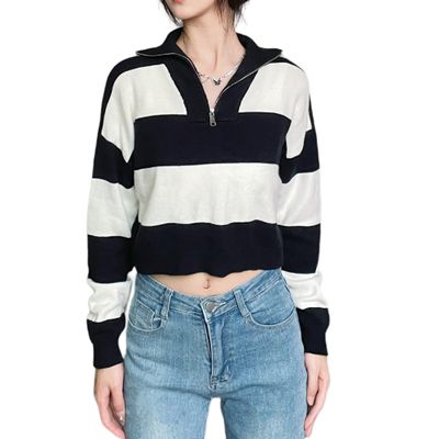 Women's Knitted Zipper American Retro Striped Round Neck Long Sleeved Sweater (as1, Alpha, l, Regular, Regular, Black)