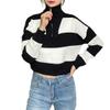 Women's Knitted Zipper American Retro Striped Round Neck Long Sleeved Sweater (as1, Alpha, l, Regular, Regular, Black) view 2