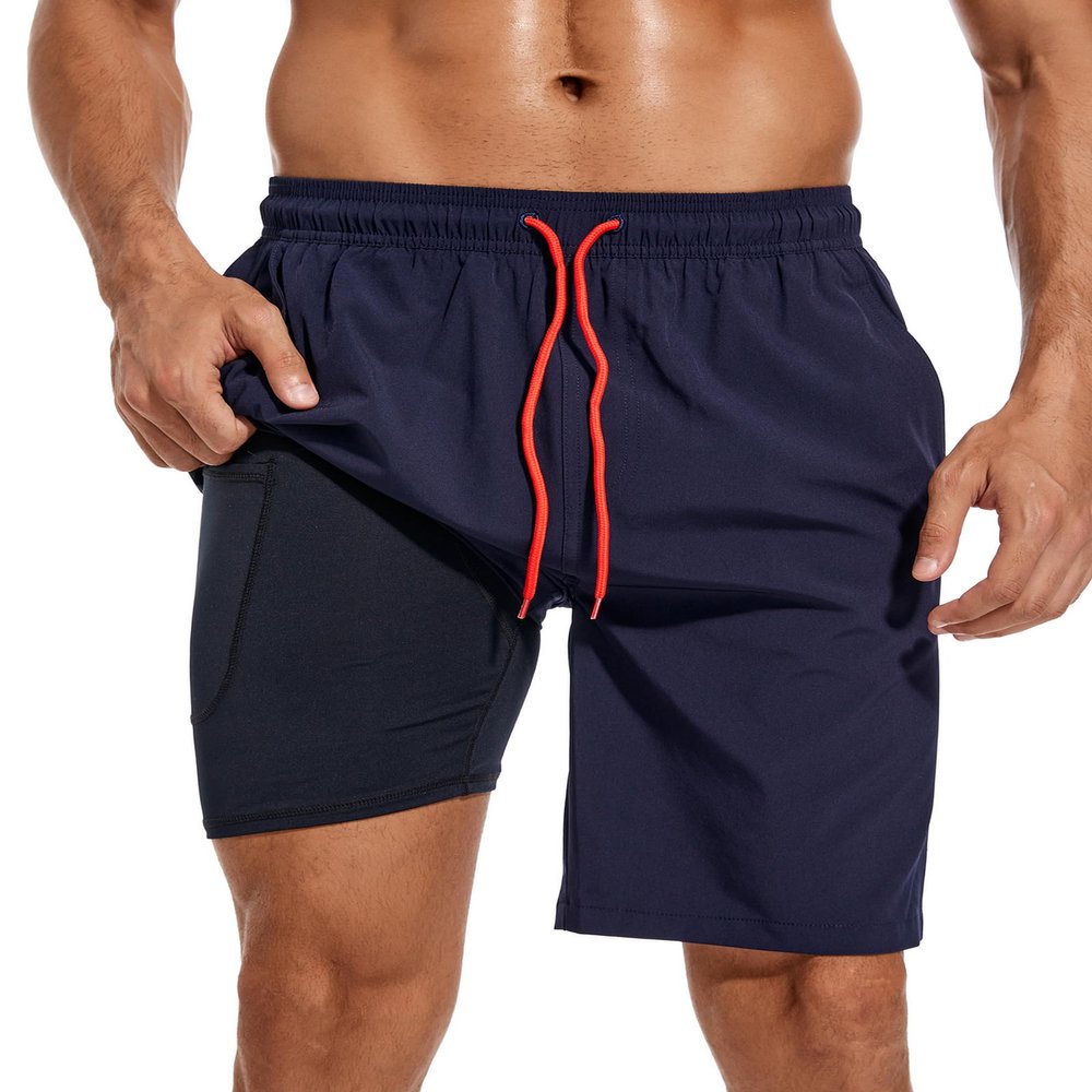 difficort Swim Trunks Men 2 in 1 Swimming Trunks Stretch Beach Board Shorts with Compression Liner Zipper Pocket,Navy,Small