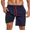 difficort Swim Trunks Men 2 in 1 Swimming Trunks Stretch Beach Board Shorts with Compression Liner Zipper Pocket,Navy,Small view 1