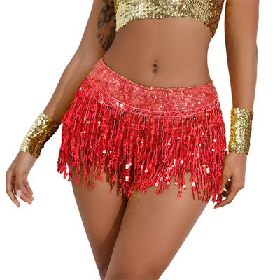 Belly Dance Hip Skirt Women's Sequin Tassel Skirts Shorts Booty Dance Festival Bottoms Sequin Fringe Skirt Sparkly Rave Costume Sparkle Skirt Halloween Disco Skirt Music Performance Outfits Red L
