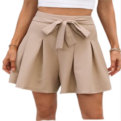 CRTGW Shorts for Women Solid Belted Wide Leg Shorts (Color : Khaki, Size : Large)