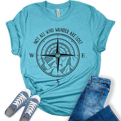 Womens Not All Who Wander are Lost T-Shirt Camping Hiking Tops Short Sleeve Regular Fit Graphic Tees Heather Aqua