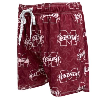Wes and Willy NCAA Mens Palm Tree Swim Trunk, Mississippi State Bulldogs, TAM Maroon, L