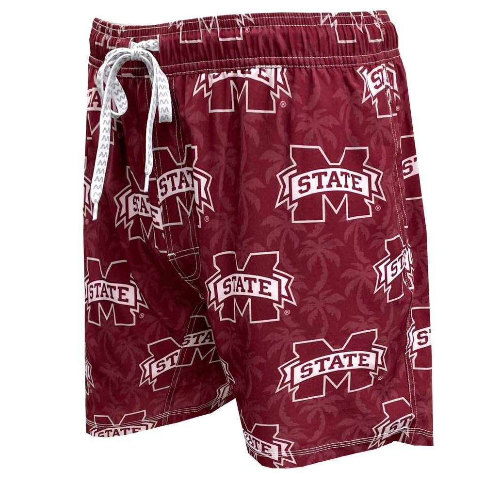 Wes and Willy NCAA Mens Palm Tree Swim Trunk, Mississippi State Bulldogs, TAM Maroon, L