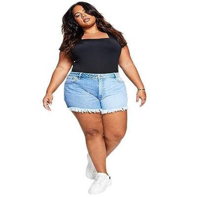 Tinseltown Trendy Plus Size High Rise Frayed Hem Mom Shorts Two Tone Wash 16W