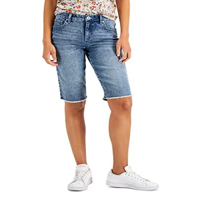 Style Women's Mid Rise Raw Edge Bermuda Shorts Blue