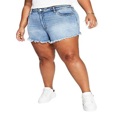 Tinseltown Trendy Plus Size High Rise Frayed Hem Mom Shorts Blazing Star Wash 24W Navy