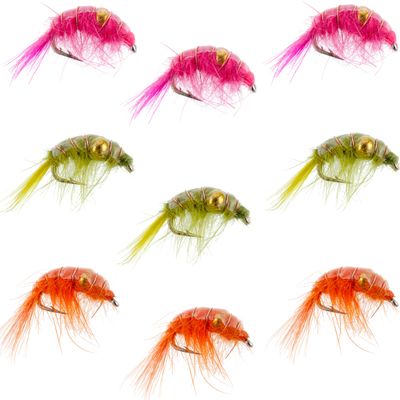 The Fly Fishing Place Beaded Shrimp Scud Assortment - 9 Flies - 3 Each of 3 Patterns Size 12 - Tailwater Lake Fly Fishing Flies Collection