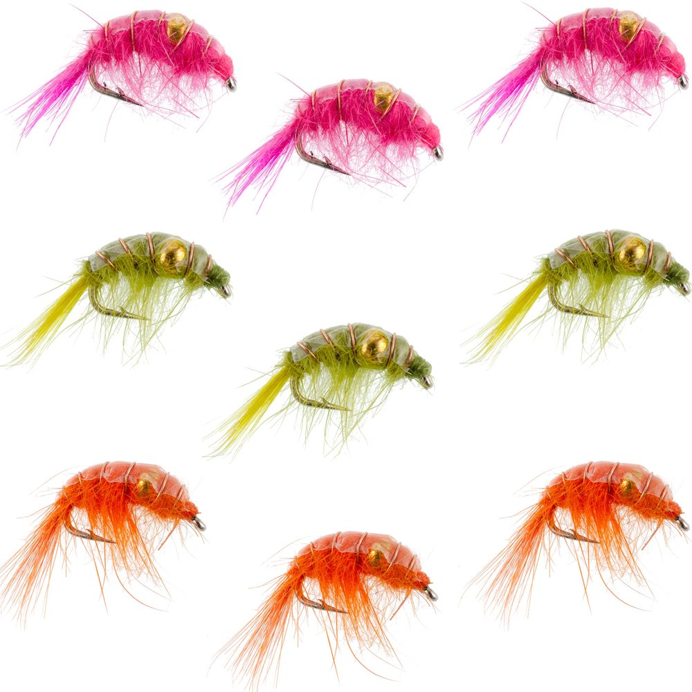The Fly Fishing Place Beaded Shrimp Scud Assortment - 9 Flies - 3 Each of 3 Patterns Size 12 - Tailwater Lake Fly Fishing Flies Collection