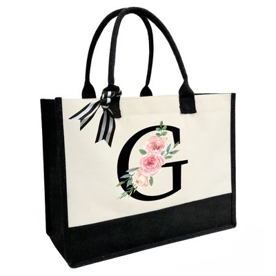 JOJHDR Initial Canvas Beach Tote Bag with Printed letter,Personalized Gifts for Women,Mom,Friends,Teachers and Bridesmaids(Letter G)