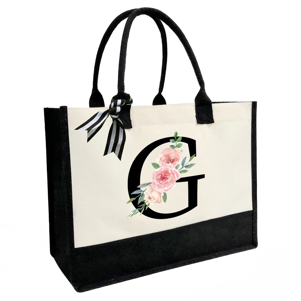 JOJHDR Initial Canvas Beach Tote Bag with Printed letter,Personalized Gifts for Women,Mom,Friends,Teachers and Bridesmaids(Letter G)