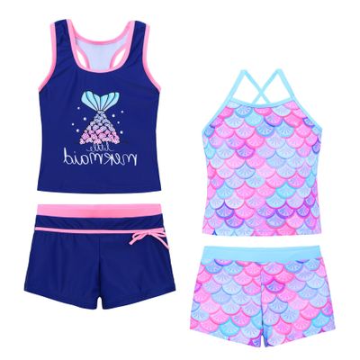Akokvlar Girls Two Piece Bathing Suit Swimsuit Tankini Swimwear with Boyshort (8-9 Years, Navy Blue Purple Mermaid)