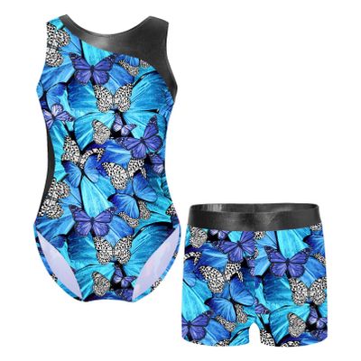 HULIJA Kids Sleeveless Gymnastics Leotard and Boyshorts Set 2 Pieces Practice Outfits Tumbling for Girls Butterfly Blue 4 Years