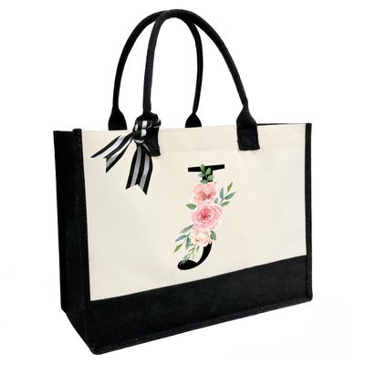 JOJHDR Initial Canvas Beach Tote Bag with Printed letter,Personalized Gifts for Women,Mom,Friends,Teachers and Bridesmaids(Letter J)