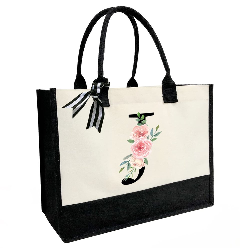 JOJHDR Initial Canvas Beach Tote Bag with Printed letter,Personalized Gifts for Women,Mom,Friends,Teachers and Bridesmaids(Letter J)