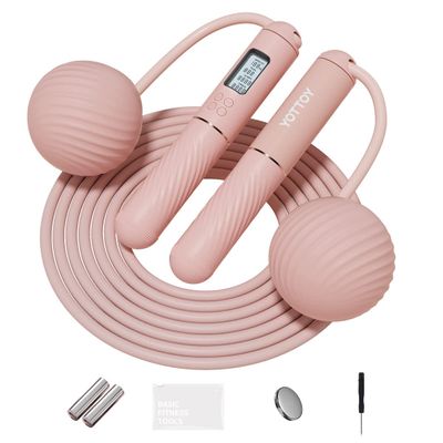 YOTTOY Cordless Jump Rope with Counter - Ropeless Jump Rope 2 In 1 with Large Cordless Ball-Weighted for Women with LCD Display (Pink)