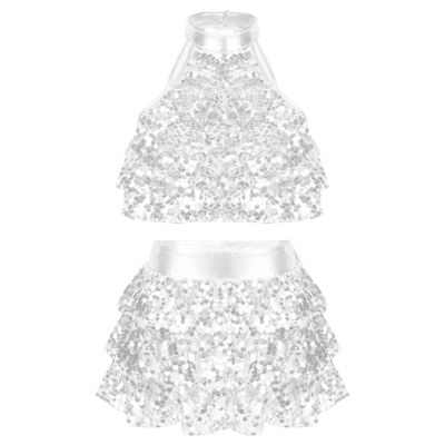 iiniim Girls Sequins Latin Jazz Salsa Ballet Dance Performance Dress Kids Crop Top with Tassel Tutu Skirt Dancewear Silver 9-10 Years